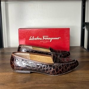 Salvatore Ferragamo Brown Croc Leather Slip On Loafers Sz 9 AA